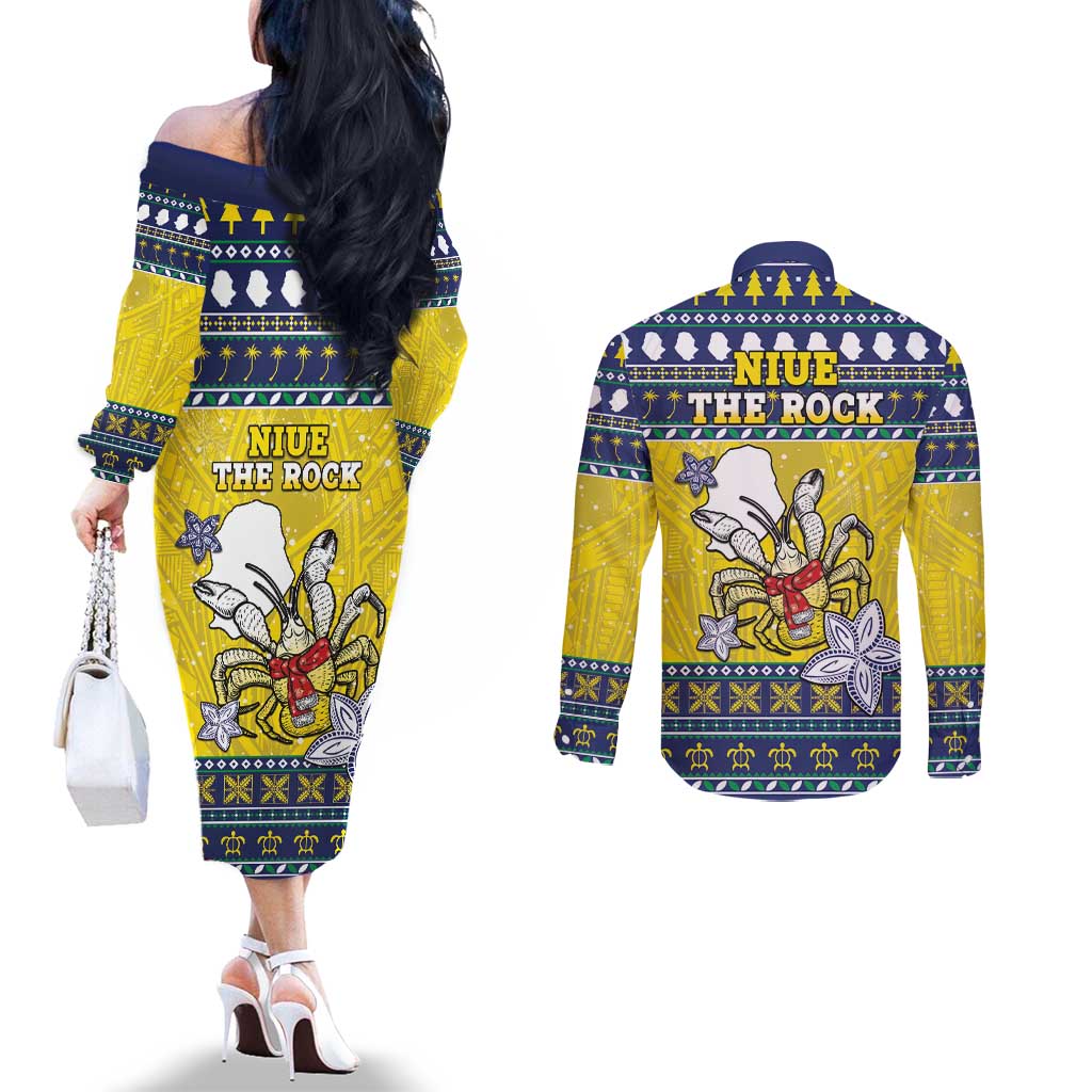 Niue The Rock Christmas Couples Matching Off The Shoulder Long Sleeve Dress and Long Sleeve Button Shirt Niuean Crab Monuina E Kilisimasi LT05 - Polynesian Pride