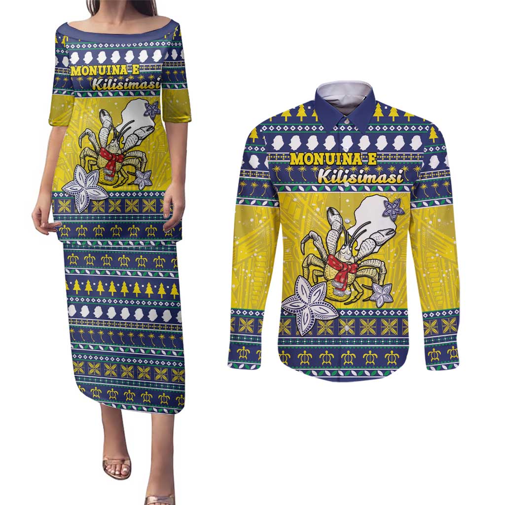 Niue The Rock Christmas Couples Matching Puletasi and Long Sleeve Button Shirt Niuean Crab Monuina E Kilisimasi LT05 Blue - Polynesian Pride