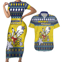 Niue The Rock Christmas Couples Matching Short Sleeve Bodycon Dress and Hawaiian Shirt Niuean Crab Monuina E Kilisimasi LT05 Blue - Polynesian Pride