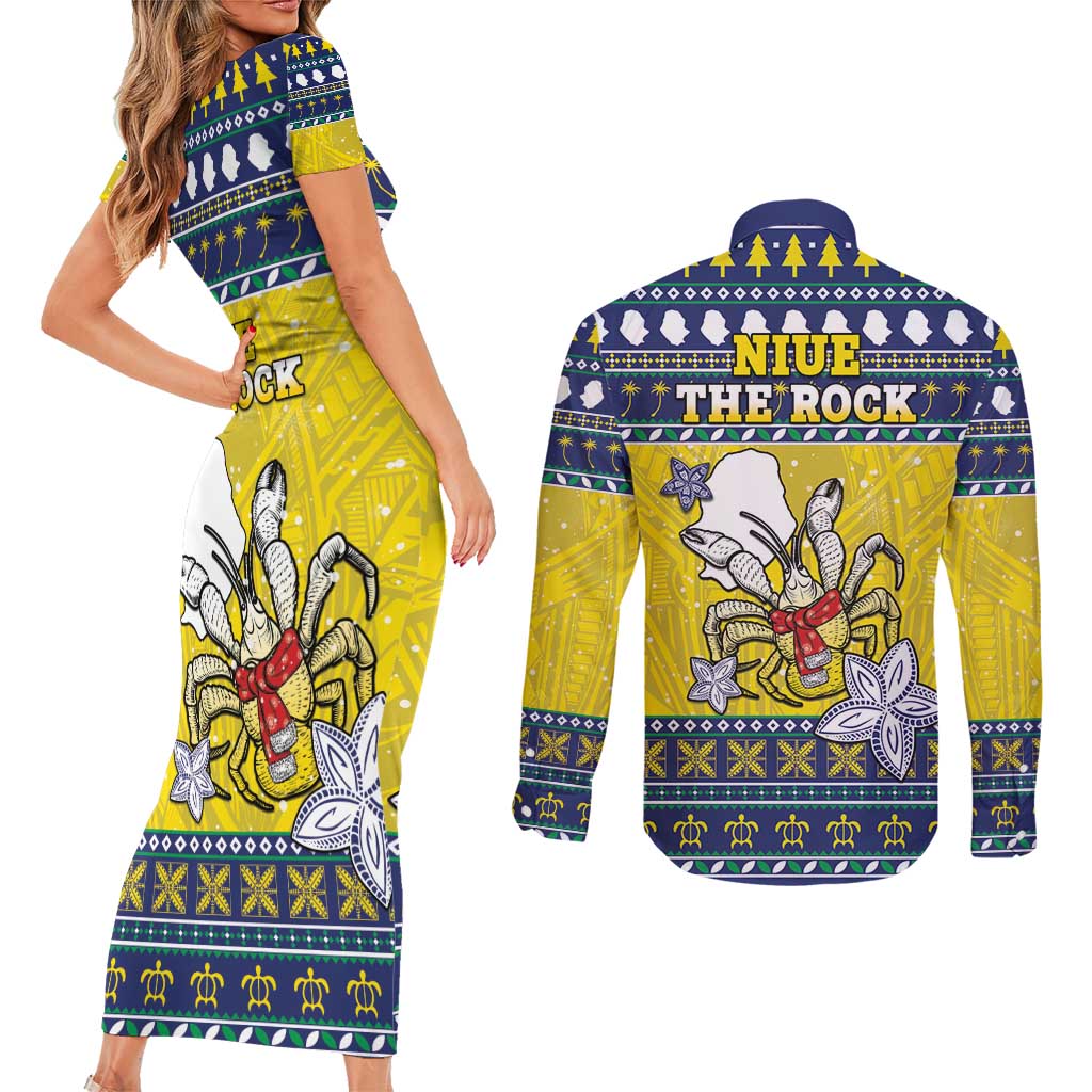Niue The Rock Christmas Couples Matching Short Sleeve Bodycon Dress and Long Sleeve Button Shirt Niuean Crab Monuina E Kilisimasi LT05 - Polynesian Pride