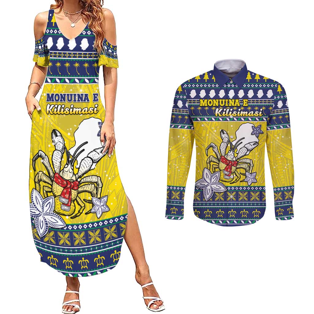 Niue The Rock Christmas Couples Matching Summer Maxi Dress and Long Sleeve Button Shirt Niuean Crab Monuina E Kilisimasi LT05 Blue - Polynesian Pride