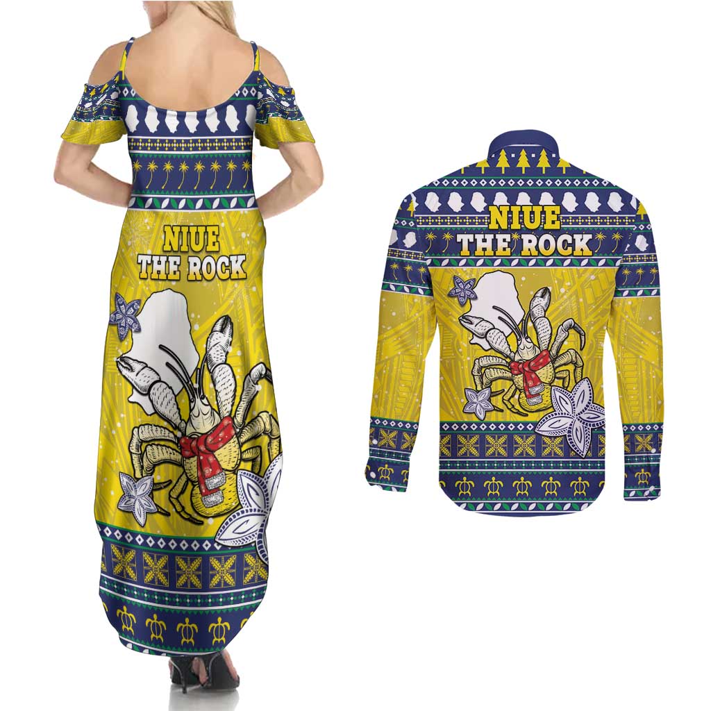 Niue The Rock Christmas Couples Matching Summer Maxi Dress and Long Sleeve Button Shirt Niuean Crab Monuina E Kilisimasi LT05 - Polynesian Pride
