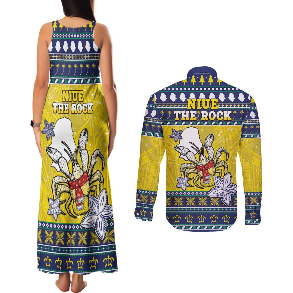 Niue The Rock Christmas Couples Matching Tank Maxi Dress and Long Sleeve Button Shirt Niuean Crab Monuina E Kilisimasi LT05 - Polynesian Pride