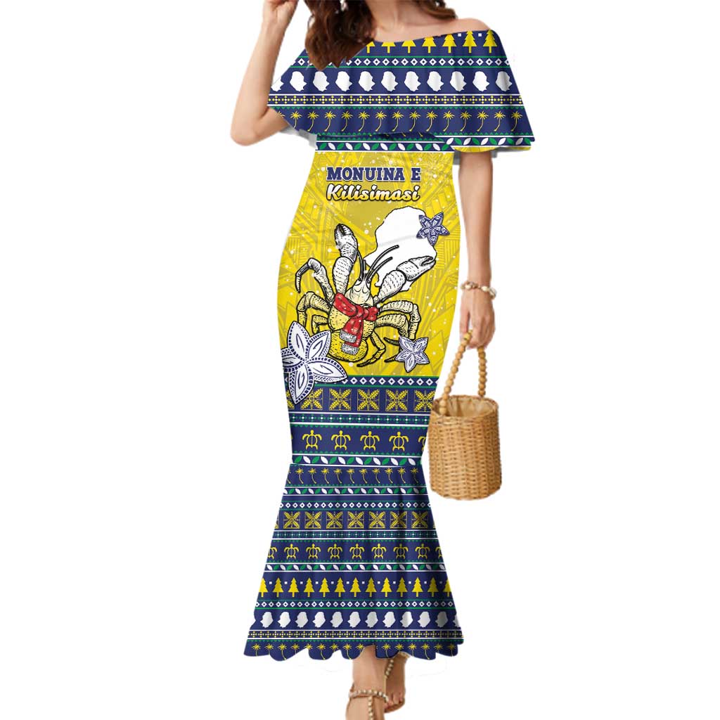 Niue The Rock Christmas Family Matching Mermaid Dress and Hawaiian Shirt Niuean Crab Monuina E Kilisimasi LT05 Mom's Dress Blue - Polynesian Pride