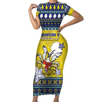 Niue The Rock Christmas Family Matching Short Sleeve Bodycon Dress and Hawaiian Shirt Niuean Crab Monuina E Kilisimasi LT05 Mom's Dress Blue - Polynesian Pride