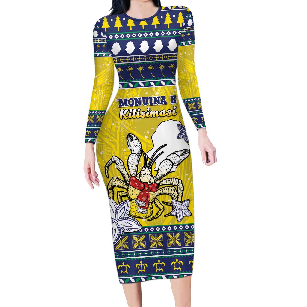 Niue The Rock Christmas Long Sleeve Bodycon Dress Niuean Crab Monuina E Kilisimasi LT05 Long Dress Blue - Polynesian Pride