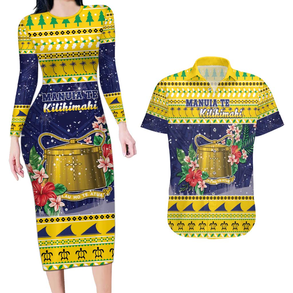 Tokelau Christmas Couples Matching Long Sleeve Bodycon Dress and Hawaiian Shirt Tokelauan Badge Manuia Te Kilihimahi LT05 Yellow - Polynesian Pride