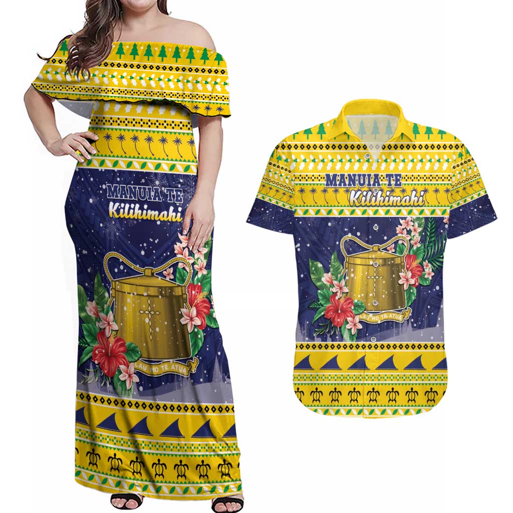Tokelau Christmas Couples Matching Off Shoulder Maxi Dress and Hawaiian Shirt Tokelauan Badge Manuia Te Kilihimahi LT05 Yellow - Polynesian Pride