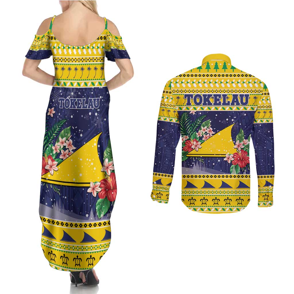 Tokelau Christmas Couples Matching Summer Maxi Dress and Long Sleeve Button Shirt Tokelauan Badge Manuia Te Kilihimahi