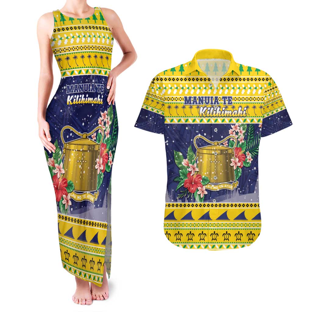 Tokelau Christmas Couples Matching Tank Maxi Dress and Hawaiian Shirt Tokelauan Badge Manuia Te Kilihimahi LT05 Yellow - Polynesian Pride