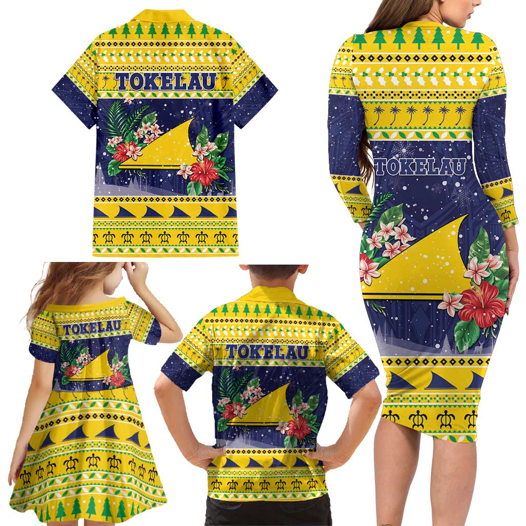 Tokelau Christmas Family Matching Long Sleeve Bodycon Dress and Hawaiian Shirt Tokelauan Badge Manuia Te Kilihimahi