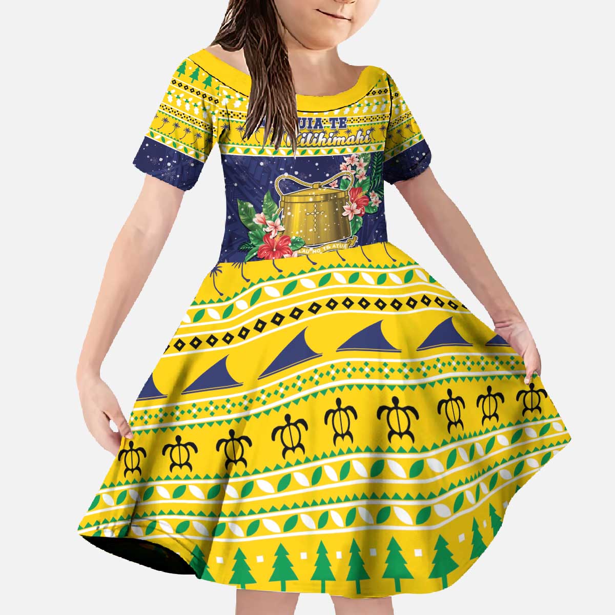 Tokelau Christmas Family Matching Off The Shoulder Long Sleeve Dress and Hawaiian Shirt Tokelauan Badge Manuia Te Kilihimahi LT05 Daughter's Dress Yellow - Polynesian Pride