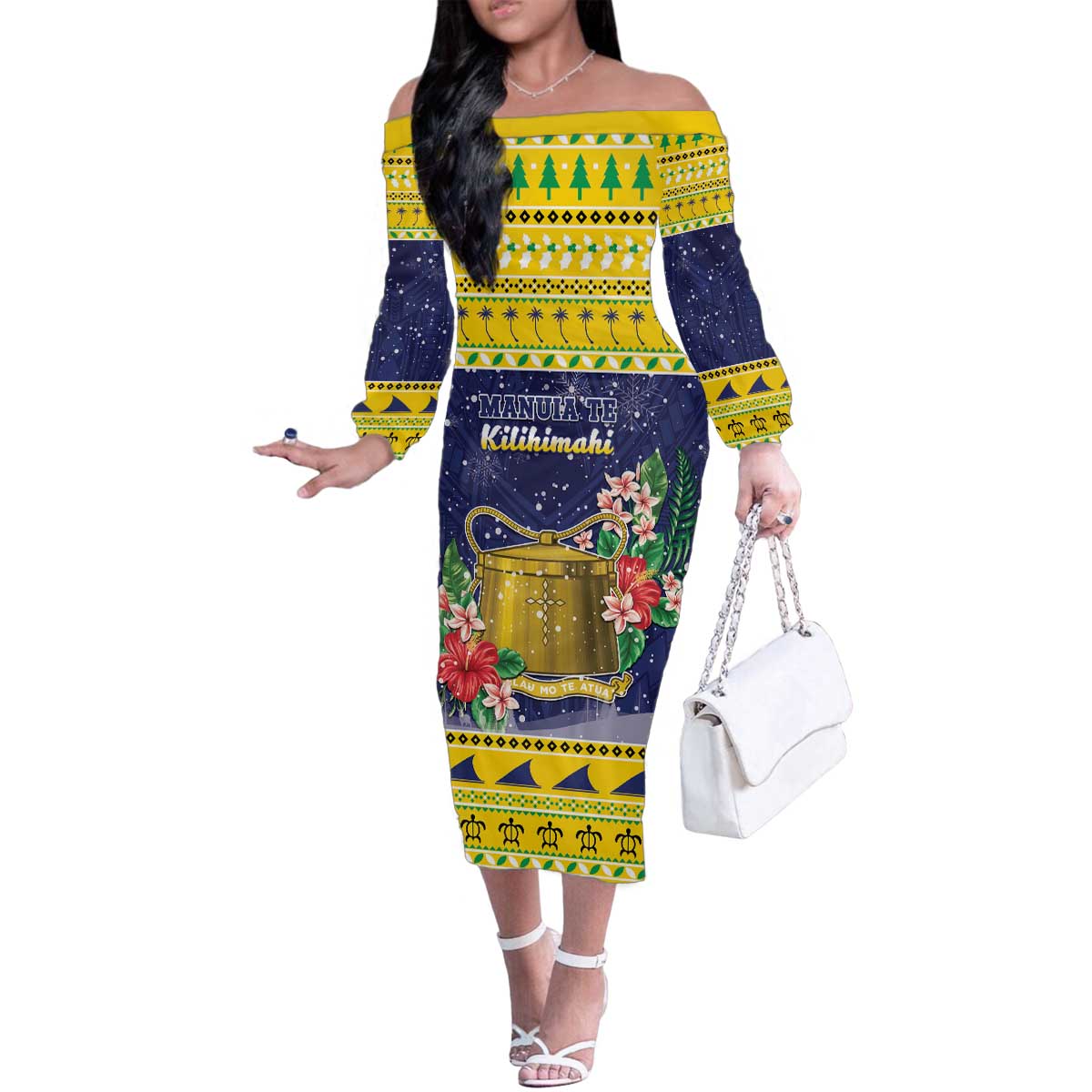 Tokelau Christmas Family Matching Off The Shoulder Long Sleeve Dress and Hawaiian Shirt Tokelauan Badge Manuia Te Kilihimahi LT05 Mom's Dress Yellow - Polynesian Pride
