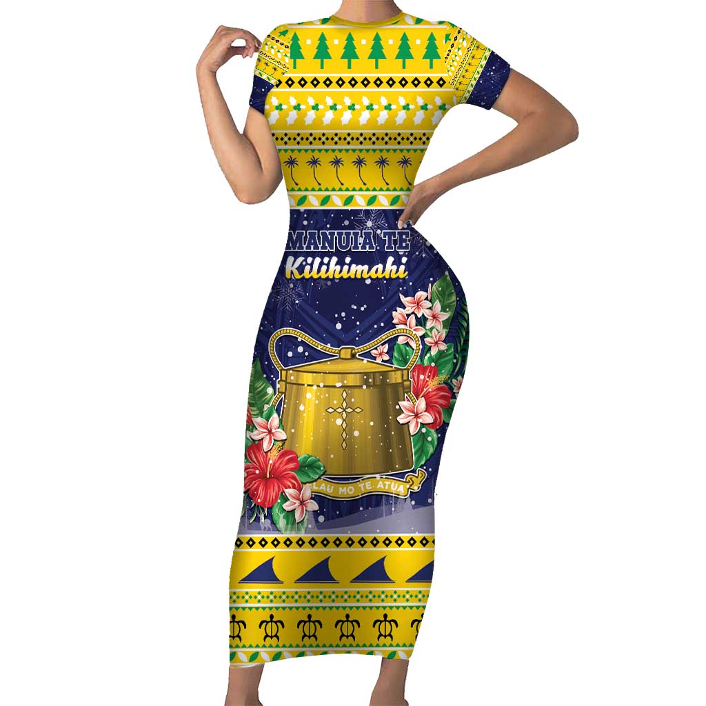 Tokelau Christmas Short Sleeve Bodycon Dress Tokelauan Badge Manuia Te Kilihimahi LT05 Long Dress Yellow - Polynesian Pride