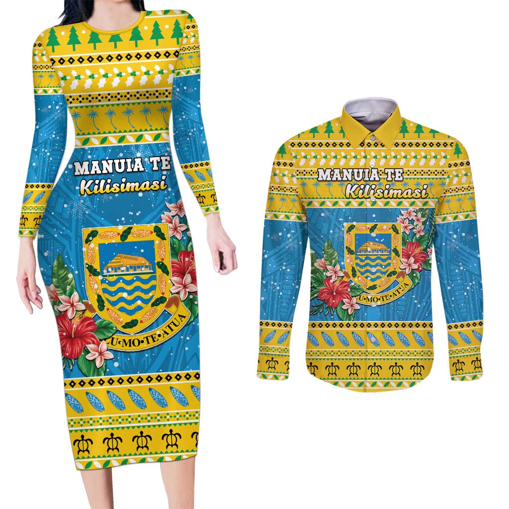 Tuvalu Christmas Couples Matching Long Sleeve Bodycon Dress and Long Sleeve Button Shirt Coat Of Arms Manuia Te Kilisimasi LT05 Yellow - Polynesian Pride