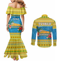 Tuvalu Christmas Couples Matching Mermaid Dress and Long Sleeve Button Shirt Coat Of Arms Manuia Te Kilisimasi LT05 - Polynesian Pride