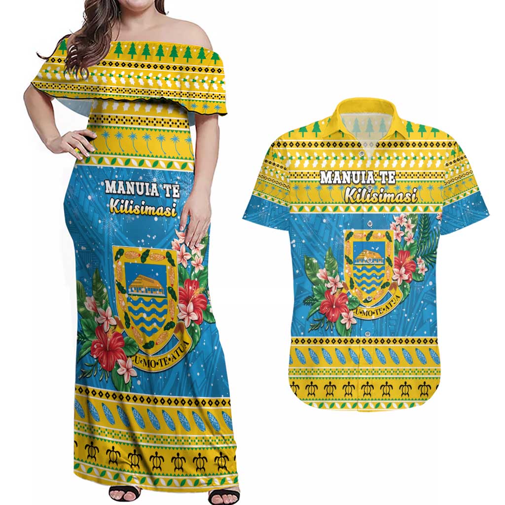 Tuvalu Christmas Couples Matching Off Shoulder Maxi Dress and Hawaiian Shirt Coat Of Arms Manuia Te Kilisimasi LT05 Yellow - Polynesian Pride