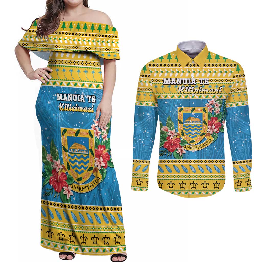 Tuvalu Christmas Couples Matching Off Shoulder Maxi Dress and Long Sleeve Button Shirt Coat Of Arms Manuia Te Kilisimasi LT05 Yellow - Polynesian Pride