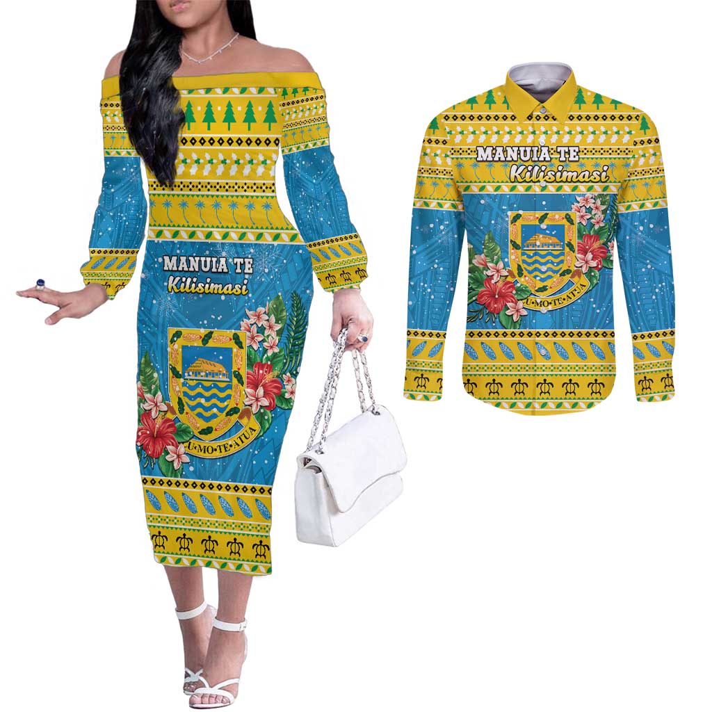 Tuvalu Christmas Couples Matching Off The Shoulder Long Sleeve Dress and Long Sleeve Button Shirt Coat Of Arms Manuia Te Kilisimasi LT05 Yellow - Polynesian Pride