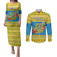 Tuvalu Christmas Couples Matching Puletasi and Long Sleeve Button Shirt Coat Of Arms Manuia Te Kilisimasi LT05 Yellow - Polynesian Pride