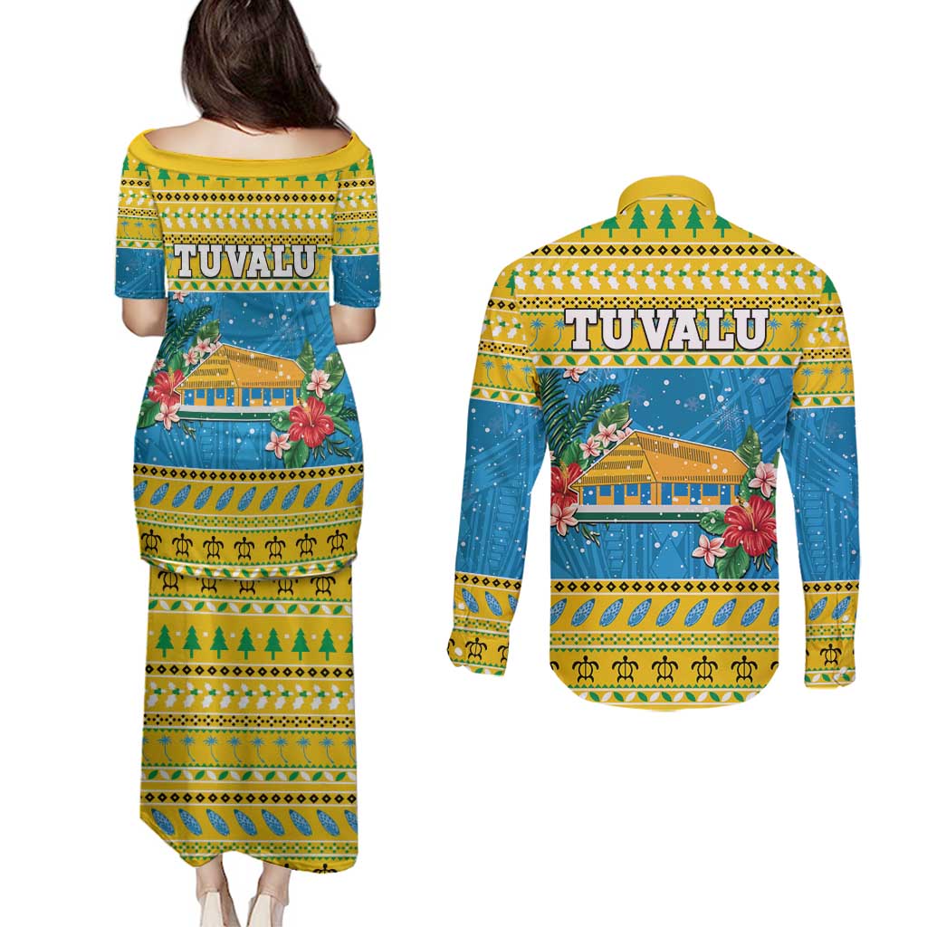 Tuvalu Christmas Couples Matching Puletasi and Long Sleeve Button Shirt Coat Of Arms Manuia Te Kilisimasi LT05 - Polynesian Pride
