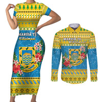 Tuvalu Christmas Couples Matching Short Sleeve Bodycon Dress and Long Sleeve Button Shirt Coat Of Arms Manuia Te Kilisimasi LT05 Yellow - Polynesian Pride