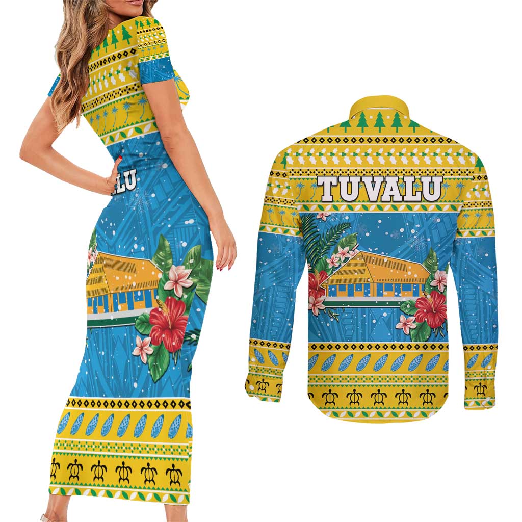 Tuvalu Christmas Couples Matching Short Sleeve Bodycon Dress and Long Sleeve Button Shirt Coat Of Arms Manuia Te Kilisimasi LT05 - Polynesian Pride