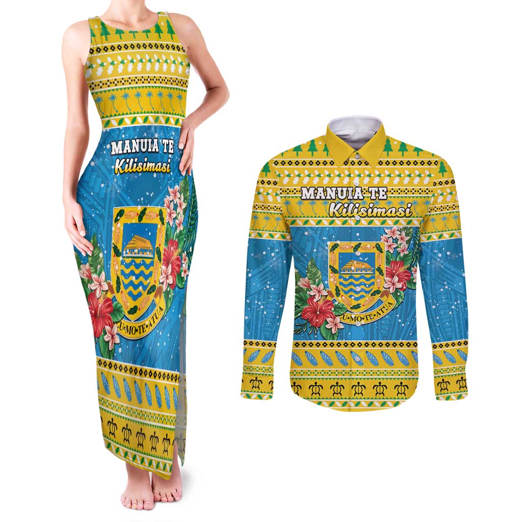Tuvalu Christmas Couples Matching Tank Maxi Dress and Long Sleeve Button Shirt Coat Of Arms Manuia Te Kilisimasi LT05 Yellow - Polynesian Pride