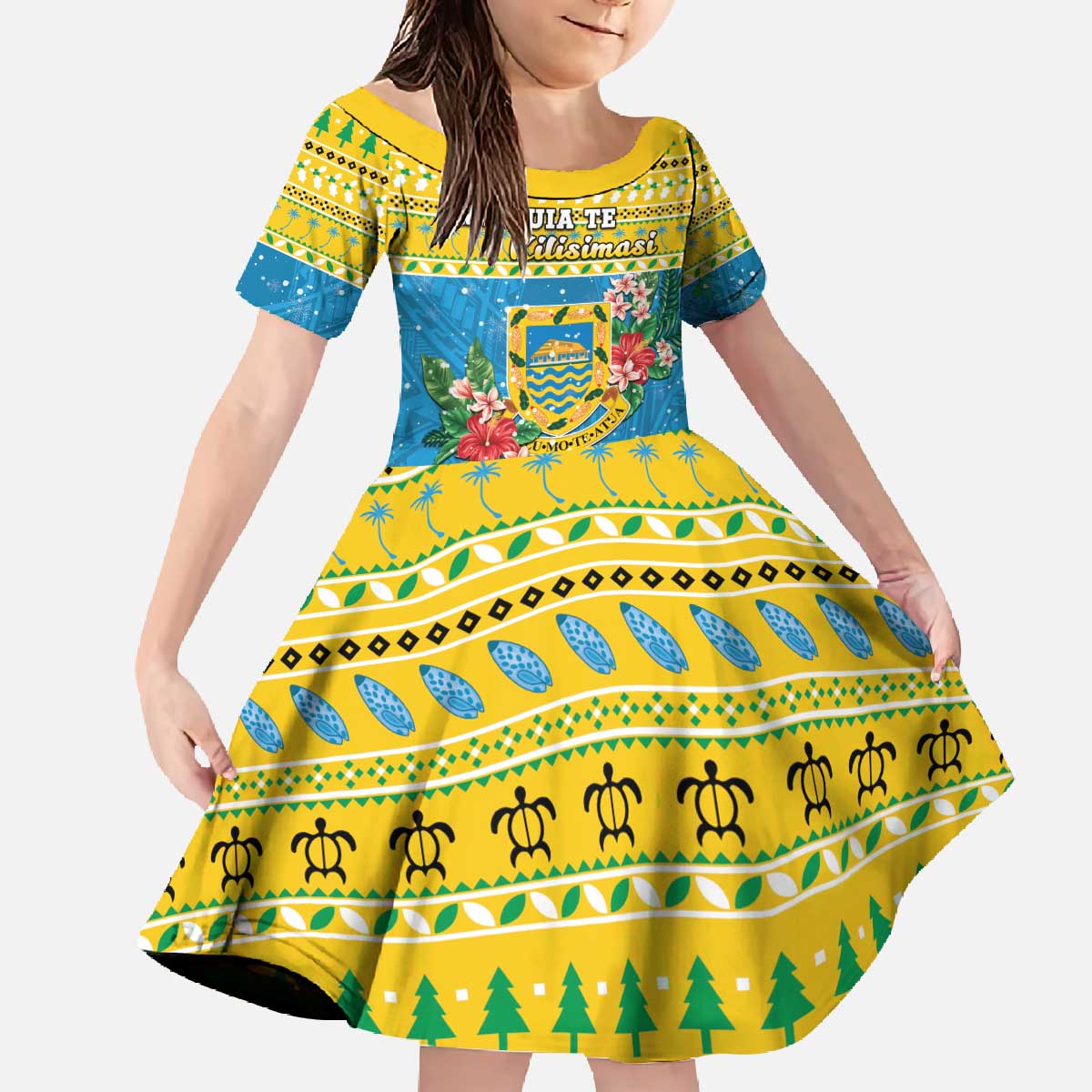 Tuvalu Christmas Family Matching Off The Shoulder Long Sleeve Dress and Hawaiian Shirt Coat Of Arms Manuia Te Kilisimasi LT05 Daughter's Dress Yellow - Polynesian Pride