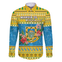 Tuvalu Christmas Family Matching Off Shoulder Short Dress and Hawaiian Shirt Coat Of Arms Manuia Te Kilisimasi LT05 Dad's Shirt - Long Sleeve Yellow - Polynesian Pride