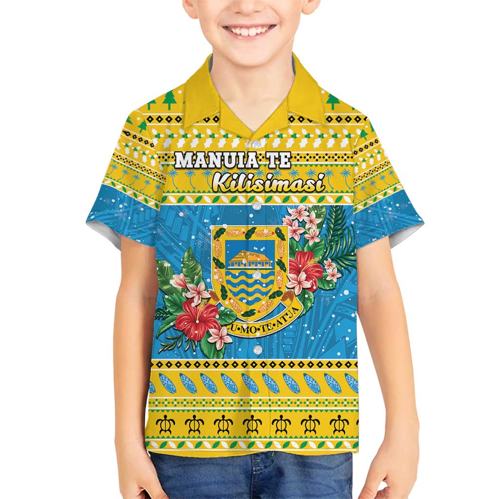 Tuvalu Christmas Family Matching Off Shoulder Short Dress and Hawaiian Shirt Coat Of Arms Manuia Te Kilisimasi LT05 Son's Shirt Yellow - Polynesian Pride