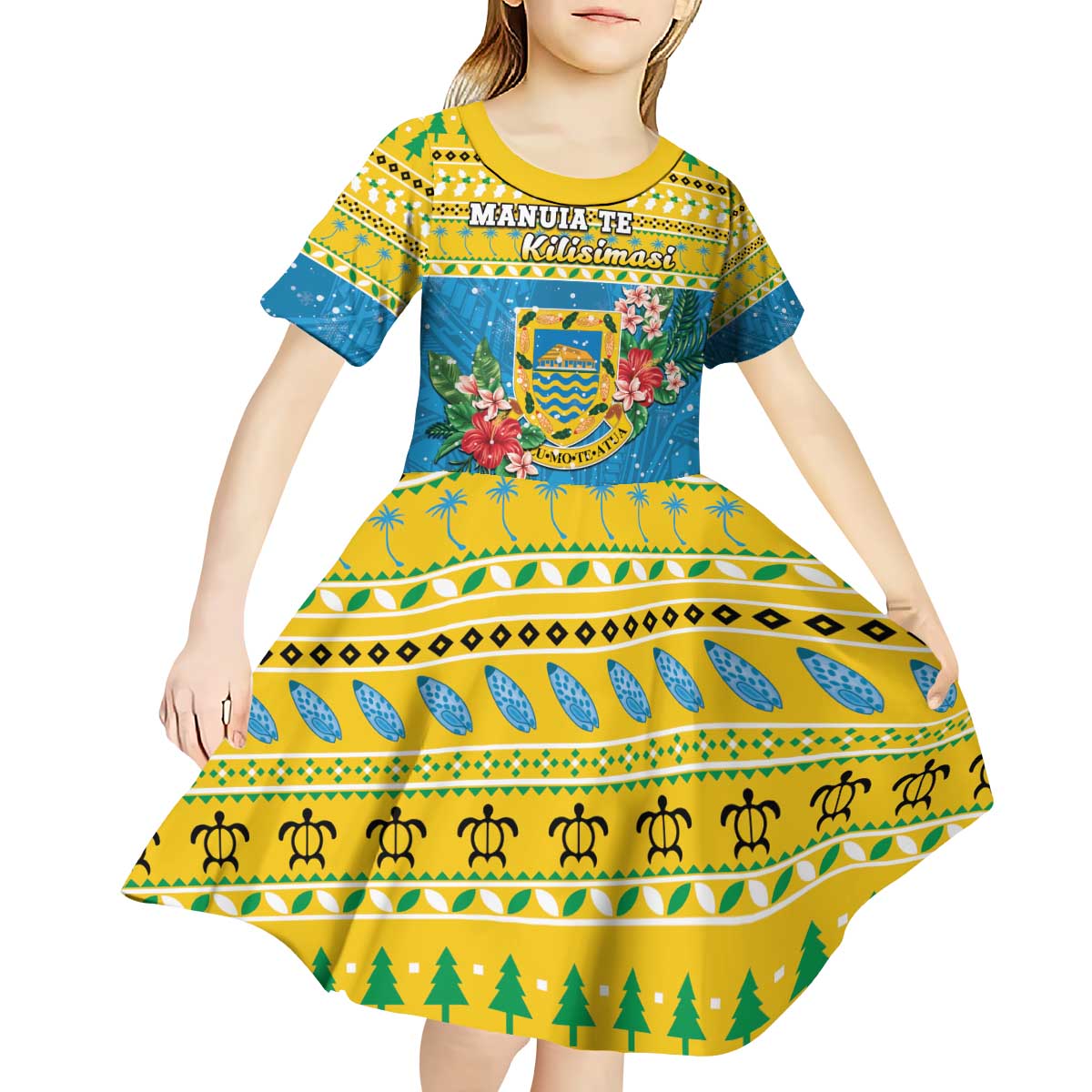 Tuvalu Christmas Kid Short Sleeve Dress Coat Of Arms Manuia Te Kilisimasi LT05 - Polynesian Pride
