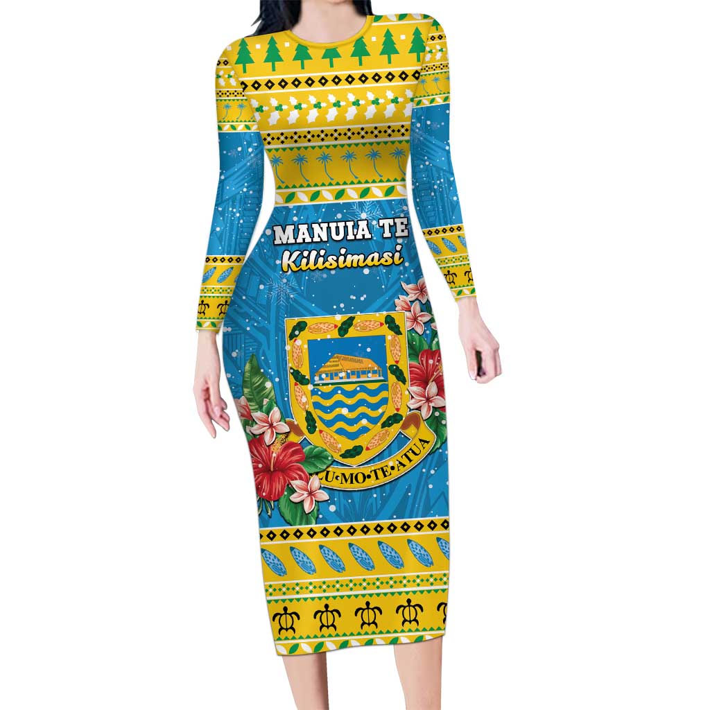 Tuvalu Christmas Long Sleeve Bodycon Dress Coat Of Arms Manuia Te Kilisimasi LT05 Long Dress Yellow - Polynesian Pride
