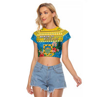Tuvalu Christmas Raglan Cropped T Shirt Coat Of Arms Manuia Te Kilisimasi LT05 Female Yellow - Polynesian Pride