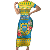 Tuvalu Christmas Short Sleeve Bodycon Dress Coat Of Arms Manuia Te Kilisimasi LT05 Long Dress Yellow - Polynesian Pride