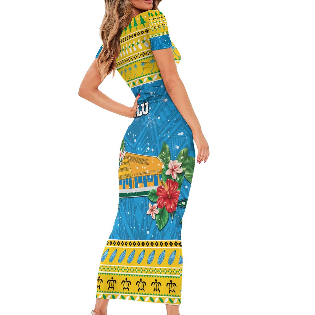 Tuvalu Christmas Short Sleeve Bodycon Dress Coat Of Arms Manuia Te Kilisimasi LT05 - Polynesian Pride