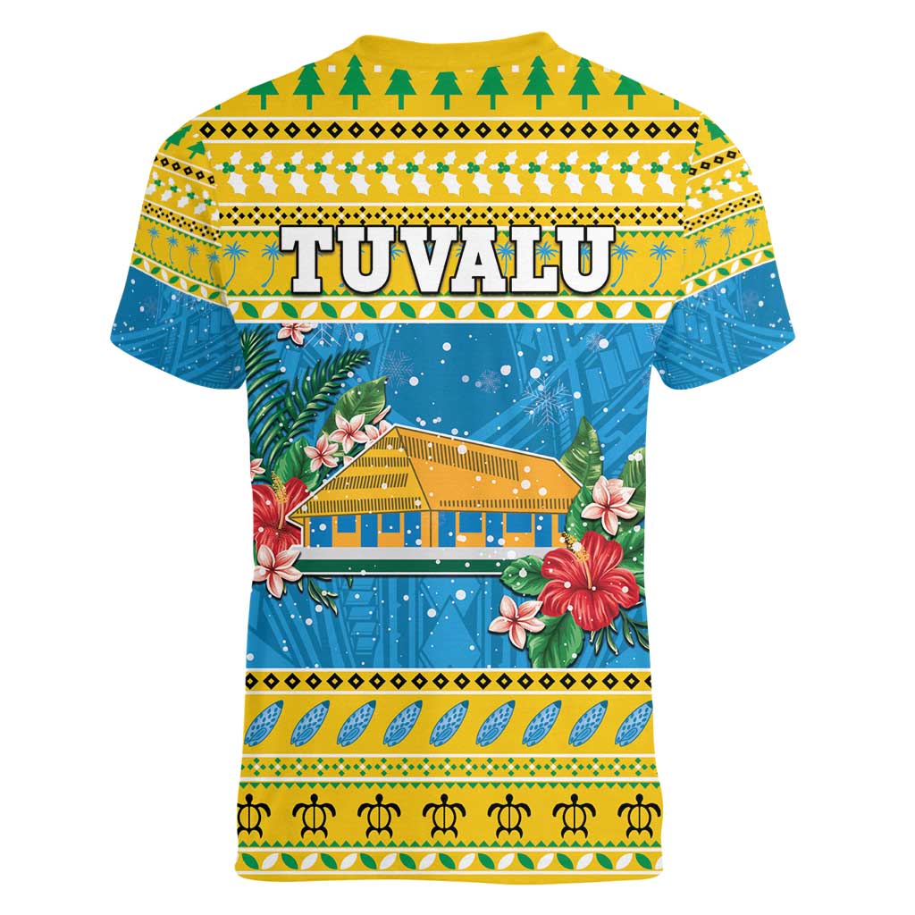 Tuvalu Christmas Women V-Neck T-Shirt Coat Of Arms Manuia Te Kilisimasi LT05 - Polynesian Pride