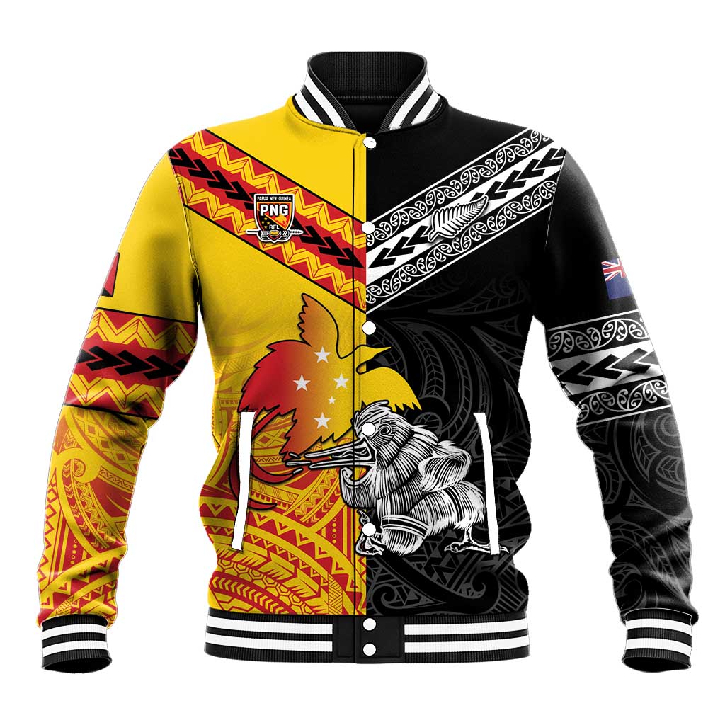 New Zealand And Papua New Guinea Rugby Custom Baseball Jacket Maori Kiwi With Bird of Paradise LT05 Unisex Black - Polynesian Pride