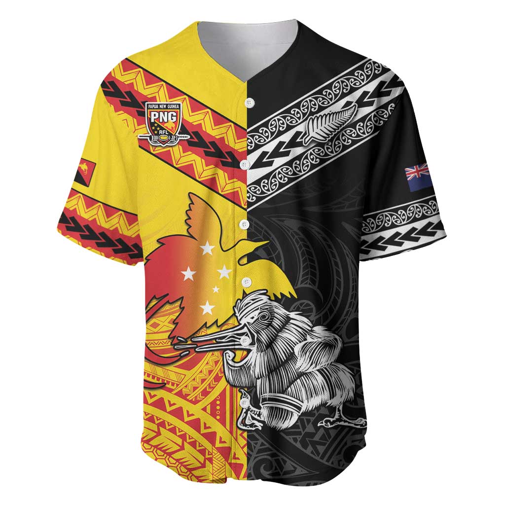 New Zealand And Papua New Guinea Rugby Custom Baseball Jersey Maori Kiwi With Bird of Paradise LT05 Black - Polynesian Pride