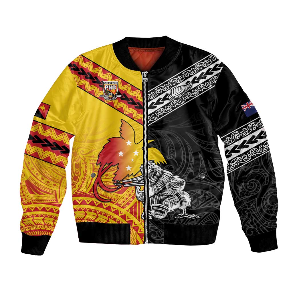 New Zealand And Papua New Guinea Rugby Custom Bomber Jacket Maori Kiwi With Bird of Paradise LT05 Unisex Black - Polynesian Pride