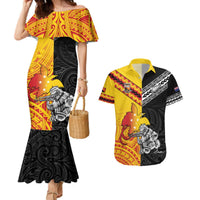 New Zealand And Papua New Guinea Rugby Custom Couples Matching Mermaid Dress and Hawaiian Shirt Maori Kiwi With Bird of Paradise LT05 Black - Polynesian Pride
