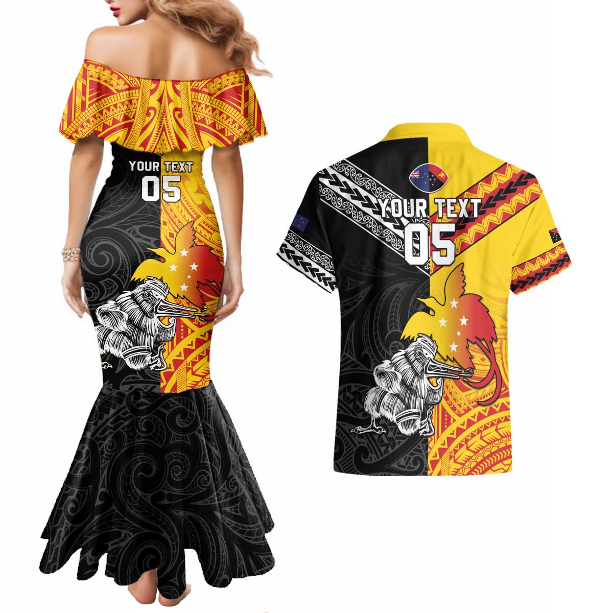 New Zealand And Papua New Guinea Rugby Custom Couples Matching Mermaid Dress and Hawaiian Shirt Maori Kiwi With Bird of Paradise LT05 - Polynesian Pride