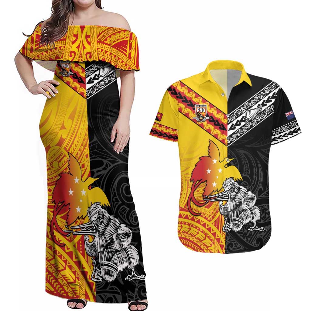 New Zealand And Papua New Guinea Rugby Custom Couples Matching Off Shoulder Maxi Dress and Hawaiian Shirt Maori Kiwi With Bird of Paradise LT05 Black - Polynesian Pride