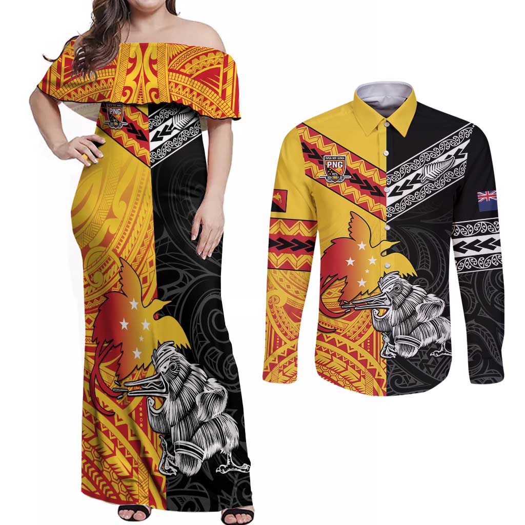 New Zealand And Papua New Guinea Rugby Custom Couples Matching Off Shoulder Maxi Dress and Long Sleeve Button Shirt Maori Kiwi With Bird of Paradise LT05 Black - Polynesian Pride