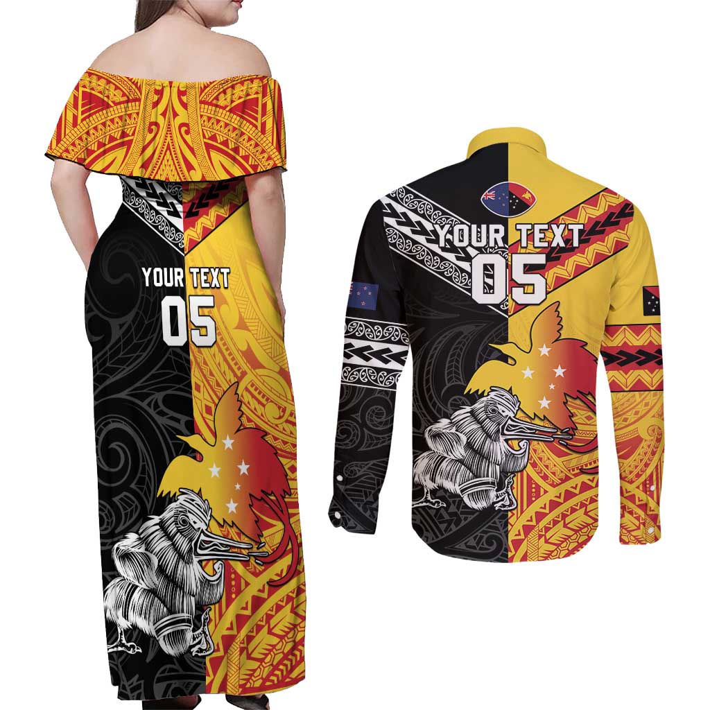 New Zealand And Papua New Guinea Rugby Custom Couples Matching Off Shoulder Maxi Dress and Long Sleeve Button Shirt Maori Kiwi With Bird of Paradise LT05 - Polynesian Pride
