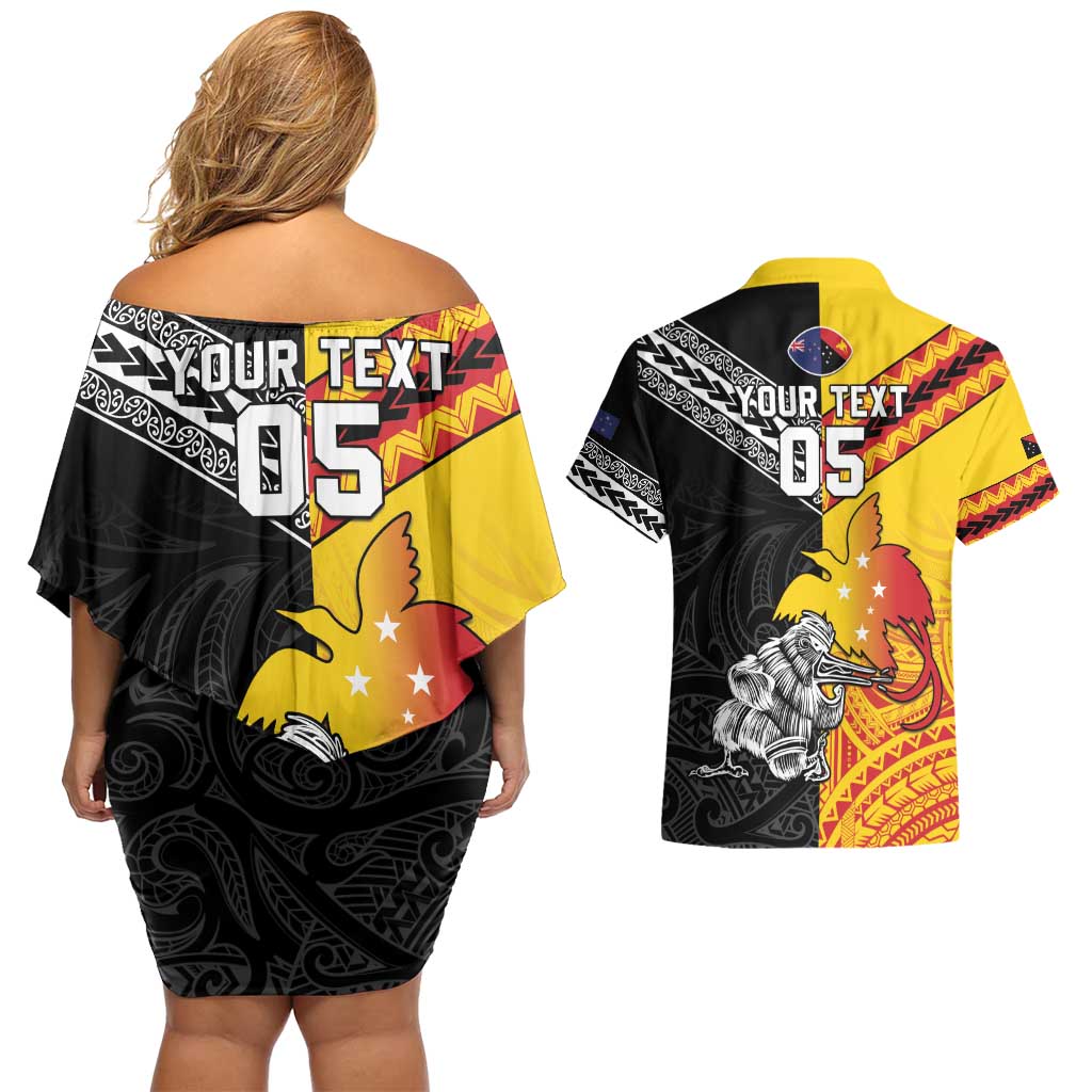 New Zealand And Papua New Guinea Rugby Custom Couples Matching Off Shoulder Short Dress and Hawaiian Shirt Maori Kiwi With Bird of Paradise LT05 - Polynesian Pride