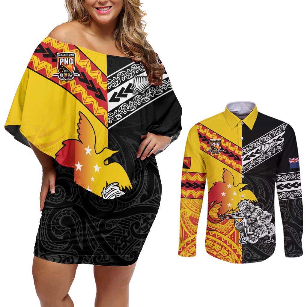 New Zealand And Papua New Guinea Rugby Custom Couples Matching Off Shoulder Short Dress and Long Sleeve Button Shirt Maori Kiwi With Bird of Paradise LT05 Black - Polynesian Pride