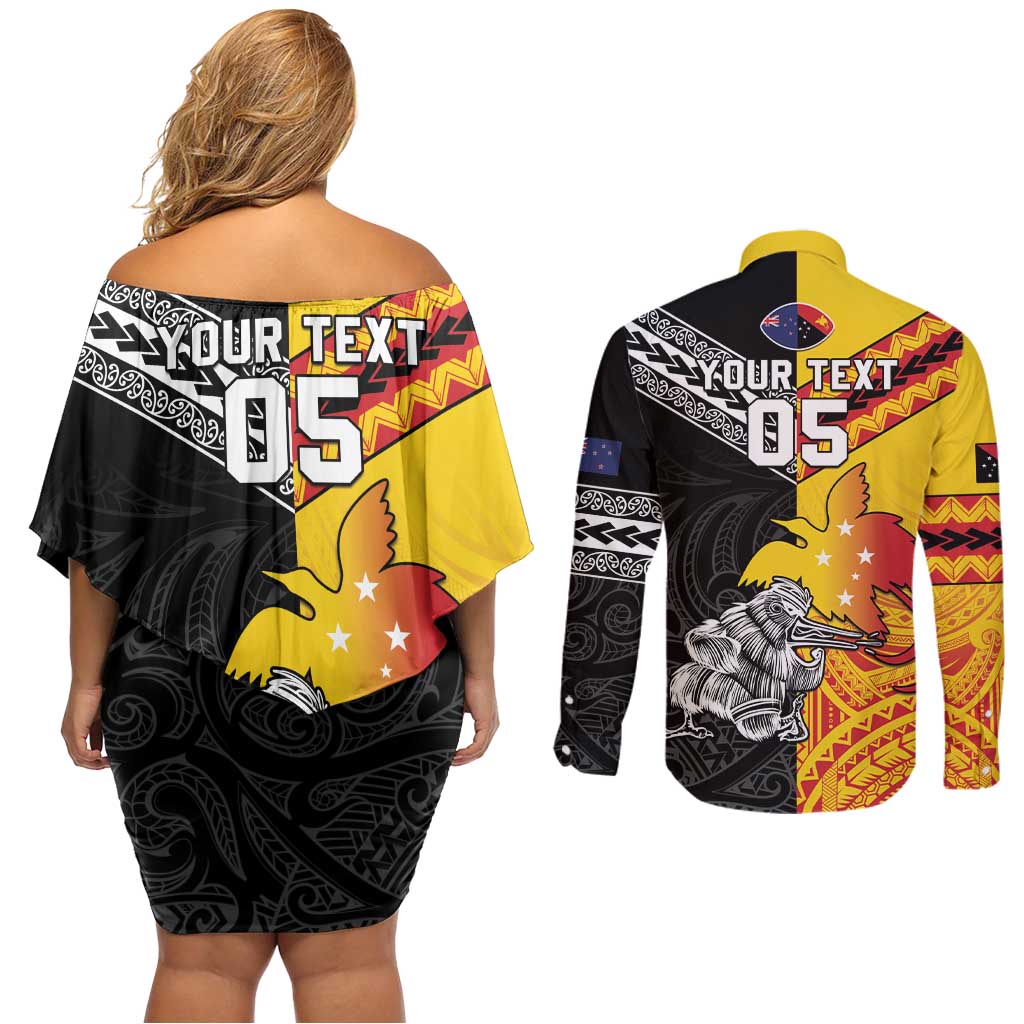 New Zealand And Papua New Guinea Rugby Custom Couples Matching Off Shoulder Short Dress and Long Sleeve Button Shirt Maori Kiwi With Bird of Paradise LT05 - Polynesian Pride