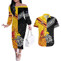 New Zealand And Papua New Guinea Rugby Custom Couples Matching Off The Shoulder Long Sleeve Dress and Hawaiian Shirt Maori Kiwi With Bird of Paradise LT05 Black - Polynesian Pride