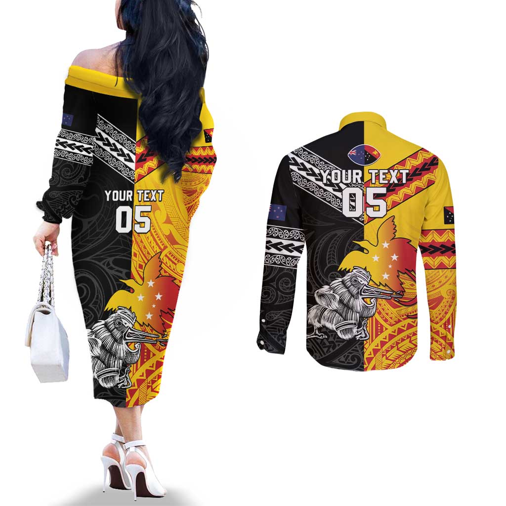 New Zealand And Papua New Guinea Rugby Custom Couples Matching Off The Shoulder Long Sleeve Dress and Long Sleeve Button Shirt Maori Kiwi With Bird of Paradise LT05 - Polynesian Pride